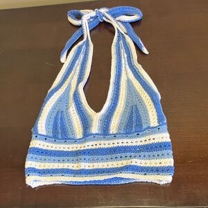 Hollister XS Blue &White Crocheted Halter Crop Top